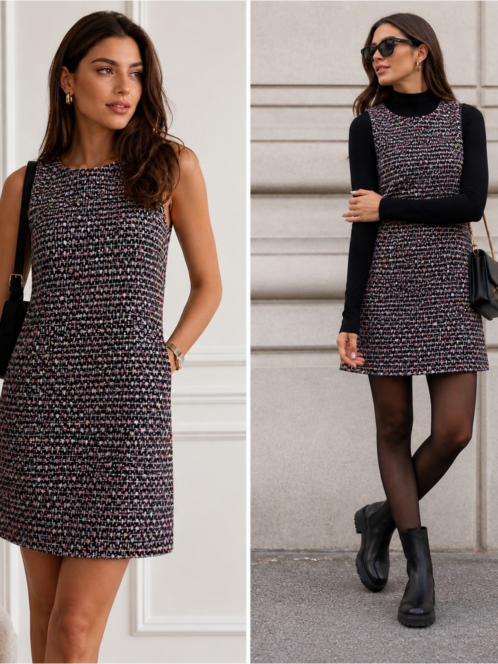 Chanel-Inspired Tweed Shift Mini Dress | Black Multi | Size 8